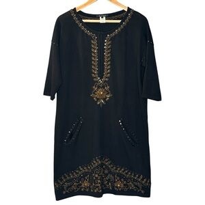 Nanette Lepore dress black merino wool embroidered embellished shift large